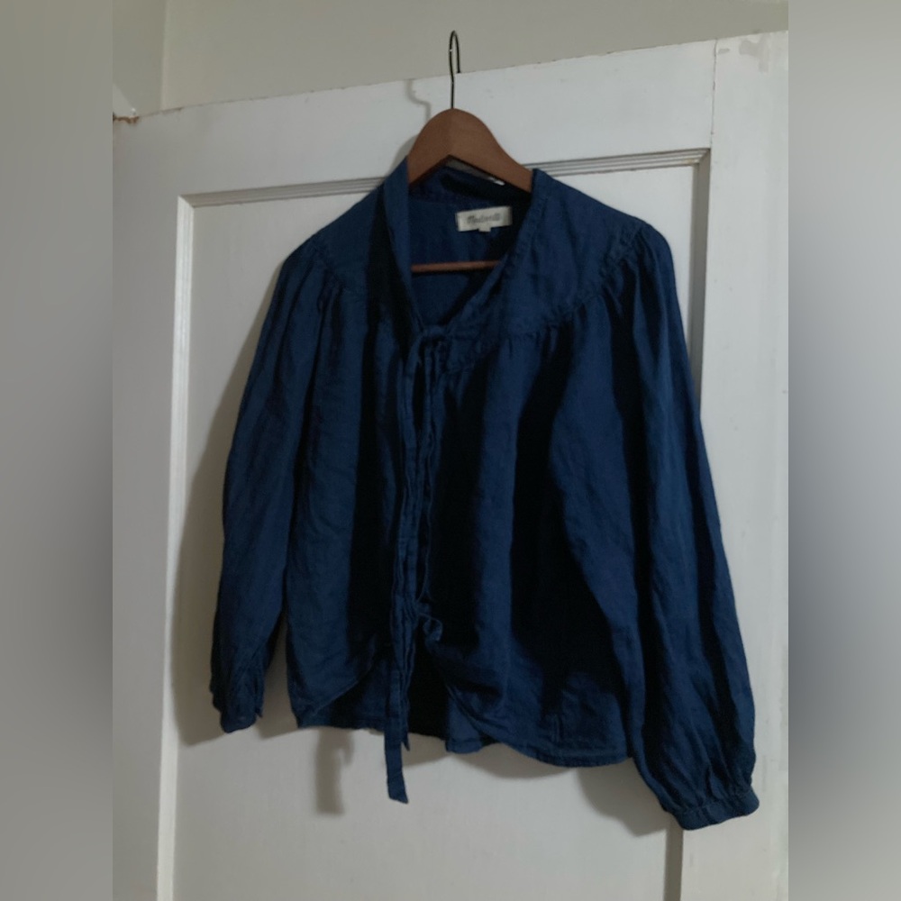 Madewell small blue dark wash puff shoulder long sleeve button-down